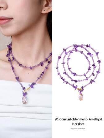  [VE] 1 pieza Collar de cristal natural de plata de ley 925 de alta calidad, diseño único de doble aro. El cristal púrpura simboliza el misterio, la espiritualidad y la nobleza. El tono púrpura profundo uniforme transmite sabiduría profunda, elegancia noble y encanto misterioso. El diseño de doble aro agrega dimensión, ideal para mostrar gustos y personalidad. El color de la joyería es aleatorio