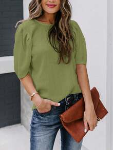 Camisa de Manga Curta Sólida Feminina, Camisa Casual de Verão com Gola Careca, Moda Camisa de Manga Bufante