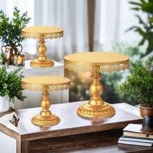 1pcsRound Golden Cake Stand, Elegant Lace Decorated Dessert Tray, Suitable For Weddings, Birthdays, Parties, Celebrations, Cake Display Stands