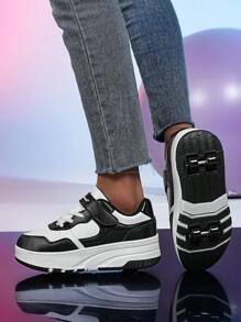 Zapatos con ruedas para niños, cierre de gancho y bucle a la moda, entrenadores casuales unisex cómodos para patinaje sobre ruedas al aire libre con ruedas para estudiantes - Blanco y Negro - Ver 6