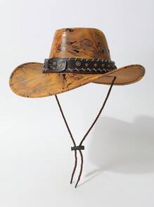 1 件女士爵士帽，时尚不对称纹理墨水宽边帽，凸显脸型，饰有黑色宽腰带和银色金属牛头领带，可调节尺寸，男女通用