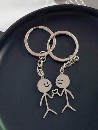 2Pcs/Set Fashionable Stainless Steel Silver Tone Heart & Abstract Figures Keychain For Couples Funny Keychain Metal Key Ring Purse Bag Backpack Car Key Charm Earbud Case Accessory Gift Stainless Steel Keychain Matching Keychains Gift For Best Friends Car Keychain Accessories Keyring Packs Bag Pendants Bag Charms Party Favors Car Accessories Women Key Chain Charms Enamel Pin