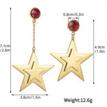 Customized Personalized Engraved Earrings - Can Engrave Name, Date - 1 Pair Elegant Dual-Layer Five-Pointed Star Ruby Stud Earrings, Minimalist Titanium Steel Jewelry, European And American Style