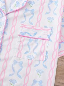 ROMWE Kawaii 2pcs/Set Women's Pajama Set, Bow Print, Women's Loungewear, Spring/Summer Holiday Outfit, Short Sleeve Top And Shorts Set - Blue - View 7
