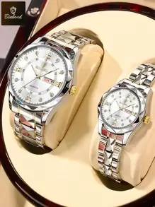 BINBOND 2 件情侣石英表罗马数字时尚不锈钢防水男士腕表女士情侣手表情人节情侣礼物 - 白色 - 查看 1