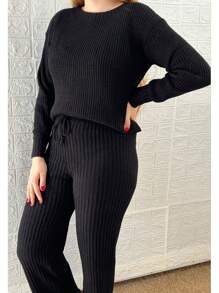 Women's Aerolook Mousse Knit Set Ribbed Knit Trousers And Blouse Cold Weather Clothing Winter 2025 - 黑色 - 查看 5