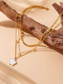 1 pièce Collier à pendentif fleur à coquille vintage lisse multicouche avec chaîne en acier inoxydable