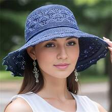 1pc Elegant Women's Breathable Sun Hat, Durable Foldable Wide Brim Beach Hat For Beach And Outdoor Use, UV Protection, Polyester, Beach Hat - Multicolor - View 7