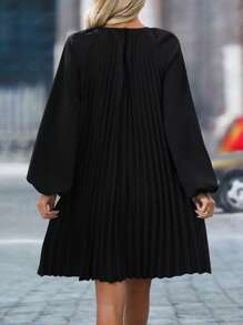 Pleated Round Neck Casual Vacation Honeymoon Elegant Ruched Long Sleeve Midi Dress For Women, Plus Size (Belt Not Included), Spring/Summer - Black - View 3