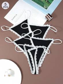 5Pcs/Set Women's Cotton Panties Lingerie Sexy Black Thongs Ladies Panties Underwear With Lace