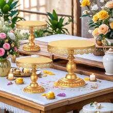 1pcsRound Golden Cake Stand, Elegant Lace Decorated Dessert Tray, Suitable For Weddings, Birthdays, Parties, Celebrations, Cake Display Stands