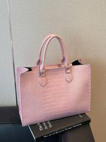 Modische große Handtasche mit Krokodil-Textur und Reißverschluss, geeignet für Alltag, Geschäftsreisen, Urlaub, Outdoor, Zuhause, Studentenwohnheim, Unisex Einkaufstasche - Pink - Übersicht 7