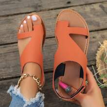 Women's Summer New Hook And Loop Breathable Open Toe Flat Sandals, Plus Size Hollow Out T-Strap Flat Sandals, Summer Elastic Band Carved Beach Slippers