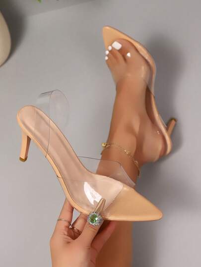 Women's Fashion High Heel Sandals, Transparent Crystal Heel Fairy Style High Heels, Women's Fine Heel Pointed Toe Transparent Strap Sandals, Women's Sexy Simple Transparent High Heels, Stylish High Heels For Nightclub, Party, Gathering