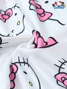 [Homely Gents]2 Pieces Sanrio Hello Kitty Print Polo Collar Short Sleeve Button Pocket Top And Bow Shorts Pajama Set For Women, Spring/Summer, Suitable For Home Use - White - View 8