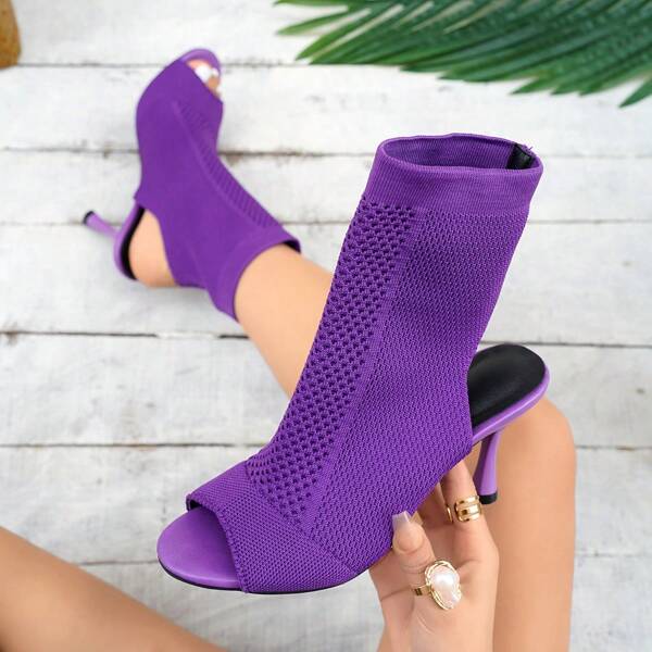 Women's Elegant Hollow-Out Knitted Peep-Toe High Heel Dress, Versatile & Stylish Cocktail Party Outfit