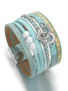 1 件母子爱珍珠和绿色皮革手链，母亲节礼物