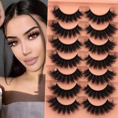 7对仿貂毛假睫毛，蓬松柔软，18毫米，浓密自然，打造猫眼妆效，多包装
