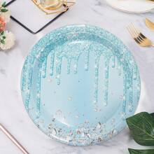 10pcs Light Blue Birthday Party Supplies Light Blue And Silver Diamond Paper Plates Paper Cups And Napkins Tableware Kit For Glitter Blue Theme Birthday Party Gender Reveal Wedding Party Decoration - Multicolor - View 3