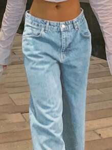 Chicsale Solid Color Casual Fashion Inelastic Jeans, Sexy Straight Pants-Diagonal Pocket Jeans, Women's Wear - Rửa nhẹ - Xem 2
