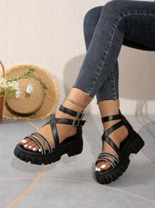 女士极简时尚编织绑带凉鞋，女神风厚底平底凉鞋，适合户外散步、海滩、大码穿着，春夏百搭 - 黑色 - 查看 3