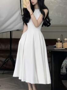 优雅派对生日休闲女士夏季无袖A字纯色时尚长裙