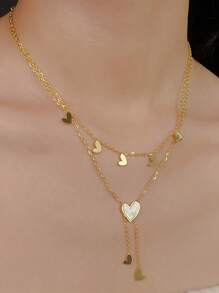 Double-Layer Heart Pendant Choker Necklace - Stainless Steel, Shell Accent, Sexy Simple Style, No Plating, Tassel Detail, For Daily And Party WearDouble-Layer Heart Pendant Choker Necklace - Stainless Steel, Shell Accent, Sexy Simple Style, No Plating, Tassel Detail, For Daily And Party Wear