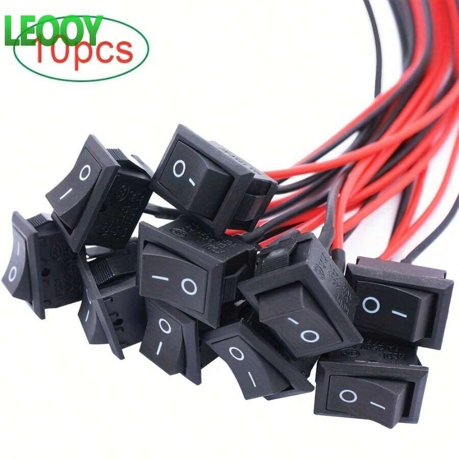 Pre-Wired Rocker Switch, AC 6A/250V 10A/125V SPST, 2 Pin 2 Position, Square Black Toggle Switch With Soldering Leads, KCD1-F, Plug-In Type, Copper Contact, Plug, On-None-Off Action, Hard Wire Supply, 85V-265V Voltage, Industrial Electrical Control Indicator