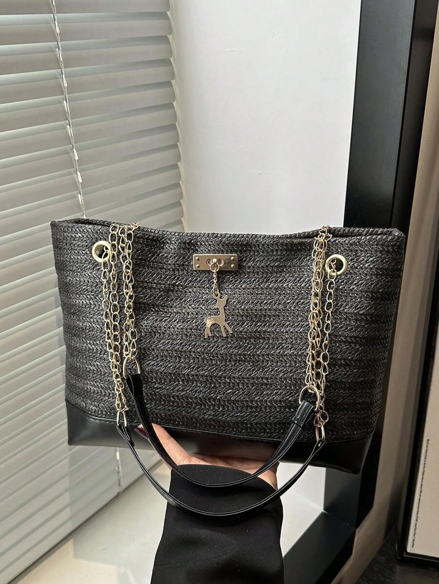 1pc Polyester Deer Pattern Decorative Large Capacity Zipper Shoulder Tote Bag, Suitable For Women's Daily Use