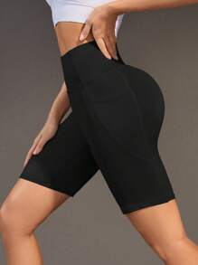 女式黑色运动骑行短裤（带手机口袋）、运动跑步瑜伽健身百慕大短裤、弹力速干健身短裤 - 黑色 - 查看 3