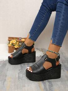 女式软皮超高跟厚底凉鞋，时尚增高，夏季 - 黑色 - 查看 3