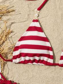 Striped Tie-Up Triangle Bikini Swimwear, Comfortable Elastic Fabric, Sexy Fitted Design - Red - View 4