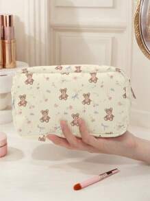 Bear Pattern Corduroy Makeup Bag, Lightweight Zipper Cosmetic Storage Bag Sweet Style Versatile Toiletries Organizer, Gift For Girls Women Friends,Travel Portable Cosmetic Storage Bag Holiday Essentials Holiday Travel Essentials Travel Bag Travel Accessories