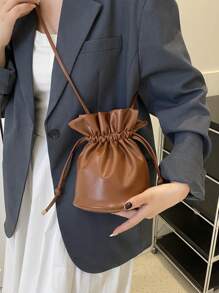 Drawstring Bucket Bag, Simple Drawstring Cross-Body Shoulder Bag
