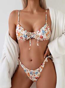 1 套女士条纹和花卉印花两件套比基尼泳装带钢圈，时尚性感 - 白色 - 查看 1