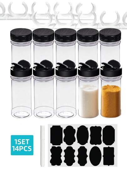 Set de 14 piezas - 10 botellas de plástico transparente para condimentos y 2 soportes para botellas de condimentos, 1 hoja de etiquetas adhesivas y 1 bolígrafo. Botellas para empaquetar el polvo de comino para la cocina del hogar