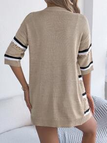 Casual Striped Lightweight Open Front Short Sleeve Cover-Up Cardigan, Spring/Summer, Breathable - Khaki - View 2