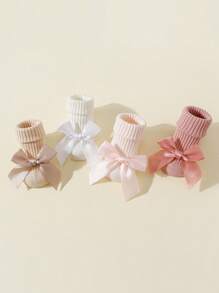 4 pares de calcetines de algodón para bebé/niña pequeña con lazo decorativo y antideslizantes hasta el tobillo, aptos para gatear en el suelo de interior