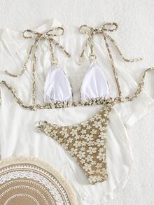 New Fashionable Tiny Ditsy Floral Sexy Halter Bikini With Metal Ring Accent, Two Pieces Swimwear For Women, Spring/Summer