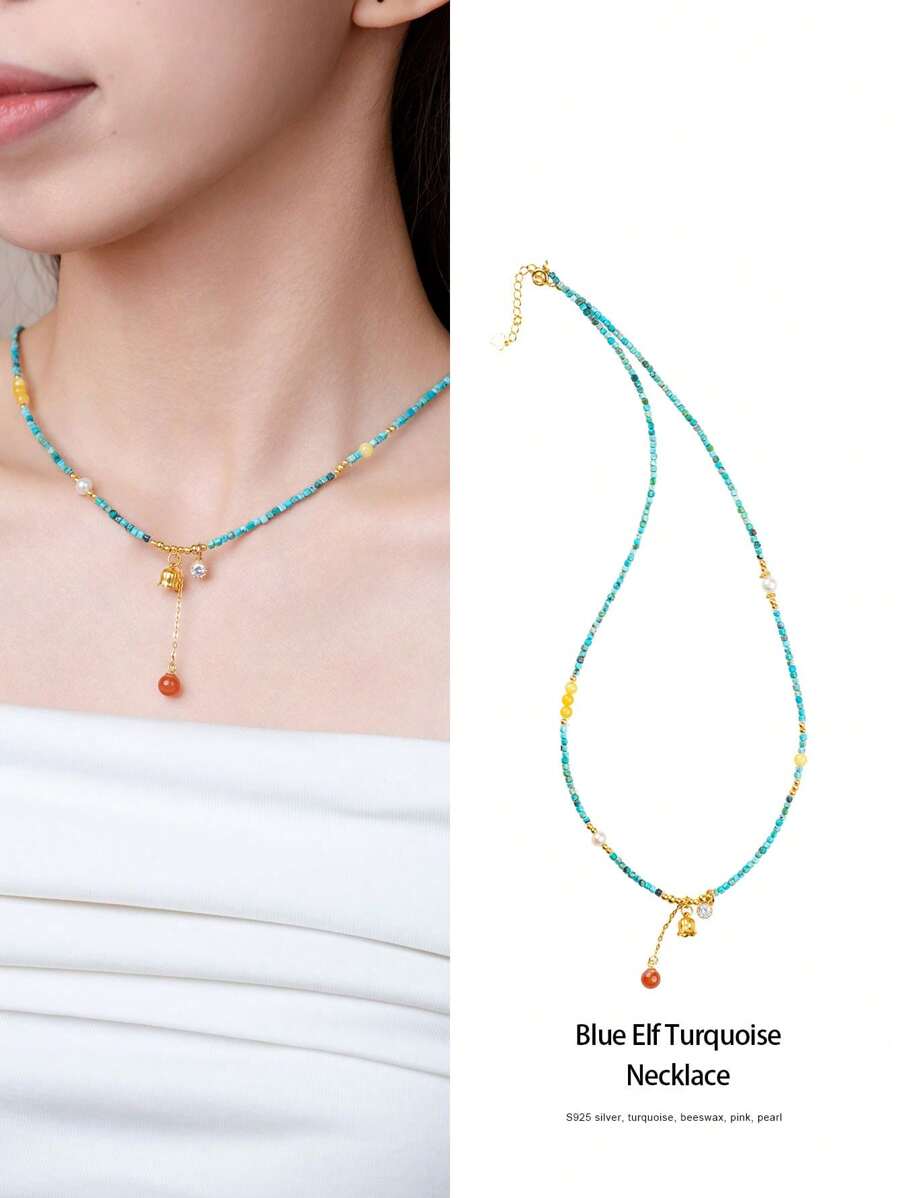 VE [VE] 1pc High Quality S925 Sterling Silver Natural Turquoise, Accessorized With Natural Carnelian, Pearl, Amber, Vivid Colors, Symbolizing Luck & Success, Suitable As Gift Or Personal Wear. Showcase Personalized Charm, Enhance Elegance, Fit For All Occasions. Jewelry Color Random