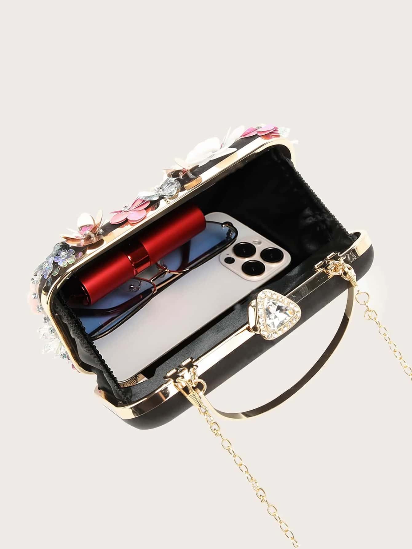 2025 新款手工珍珠刺绣花卉晚宴手拿包，迷人、优雅、精致、安静奢华水钻，适合派对女孩、女士、新娘，非常适合派对、晚宴/宴会圣诞派对礼服，与新年服装完美搭配，与女士派对礼服完美搭配，时尚派对包，非常适合派对、婚礼、舞会、晚宴/宴会 - 黑色 - 查看 8