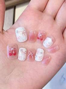 10Pcs Sweet Girls Butterfly & Cherry Decor Pink Transparent Short Wear False Nails, Hand Made Reusable Nail Art Decoration Press On Nails Nail Supplies Nails - Pink - View 3