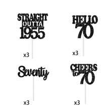 12pcs Happy Birthday Cupcake Toppers, Black Glitter Cake Decoration For 18th, 21st, 30th, 40th, 50th, 60th, 70th Birthday, Anniversary Party Supplies, Available In Black, Gold, Rose Gold