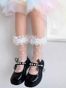 1 Pair Japanese Style Cute Crystal Polka Dot Double Layer Organza Ruffle Trim Socks, Spring/Summer - White - View 2