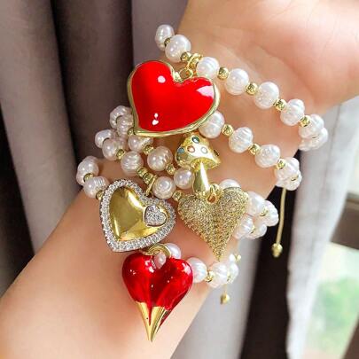 1pc, New Fashion Heart Shape Hand Bracelets 5 Styles For Women Birthday Party Faux Pearl Beads Copper Jewelry Accessories Chic Gift