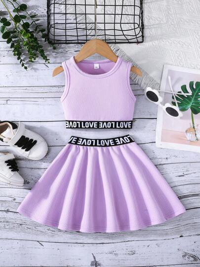 2pcs Young Girl Active Summer Love Print Sleeveless Top And A-Line Skirt Set
