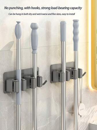 Support à balai - Acier inoxydable 304, installation sans clou et sans perçage, brosse de toilette, brosse, brosse de douche de salle de bain, pommeau de douche, balai, pince à balai, rangement mural pour toilettes