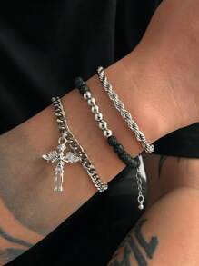 3pcs Punk Style Iron Alloy Volcanic Beads Bracelet, Adjustable Charm Jewelry For Men - Silver - View 1