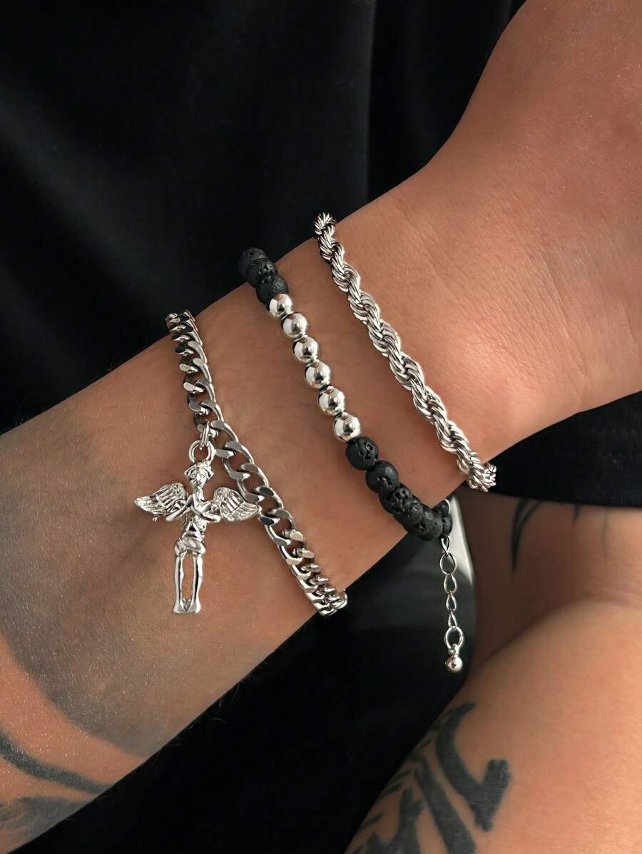 3pcs Punk Style Iron Alloy Volcanic Beads Bracelet, Adjustable Charm Jewelry For Men - Silver - View 1