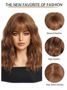 باروكة بنية طول 14 بوصة للنساء، باروكة مموجة بغرة هوائية، باروكة مجعدة من ألياف صناعية مقاومة للحرارة، مناسبة للاستخدام اليومي وحفلات الأعياد والمهرجانات والتنكر